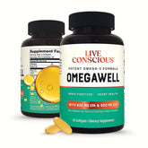 Live Conscious frasco delantero del suplemento OmegaWell mostrando etiqueta y cantidad