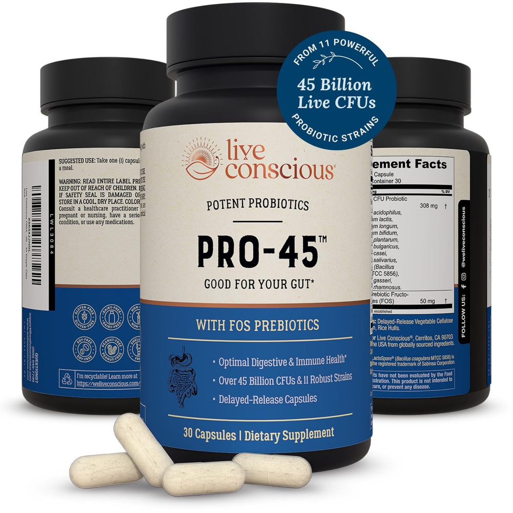 Live Conscious envase frontal mostrando la fórmula PRO45 y beneficios clave