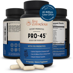 Live Conscious envase frontal mostrando la fórmula PRO45 y beneficios clave