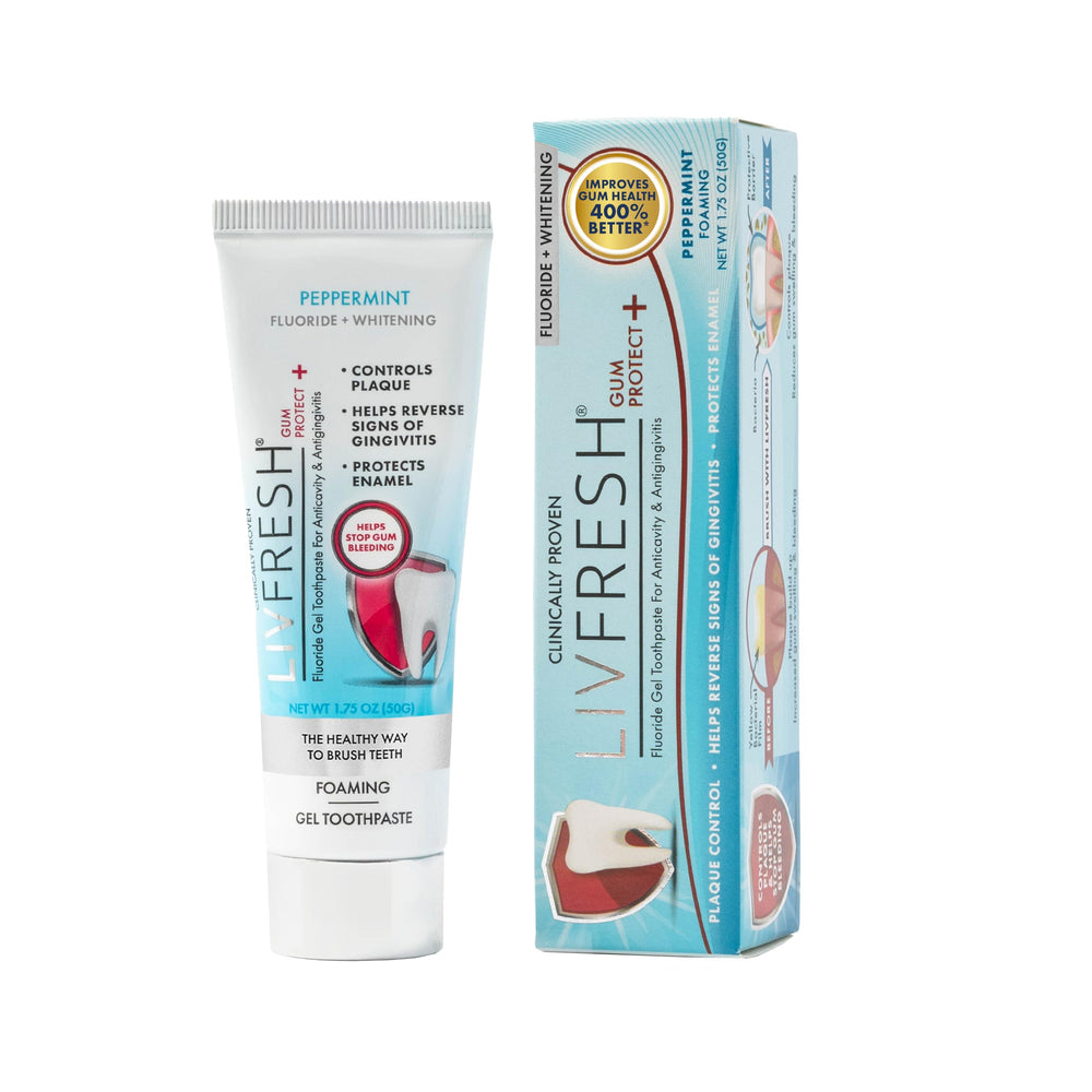 LIVFRESH envase frontal del gel dental mostrando protección gingival