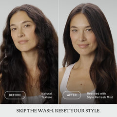 Living Proof spray en uso en cabello largo para refrescar peinado