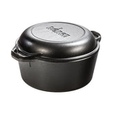 Lodge Double Dutch Oven vista frontal y diseño robusto, cocción versátil