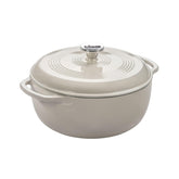 Lodge dutch oven frontal en Oyster White mostrando diseño y capacidad