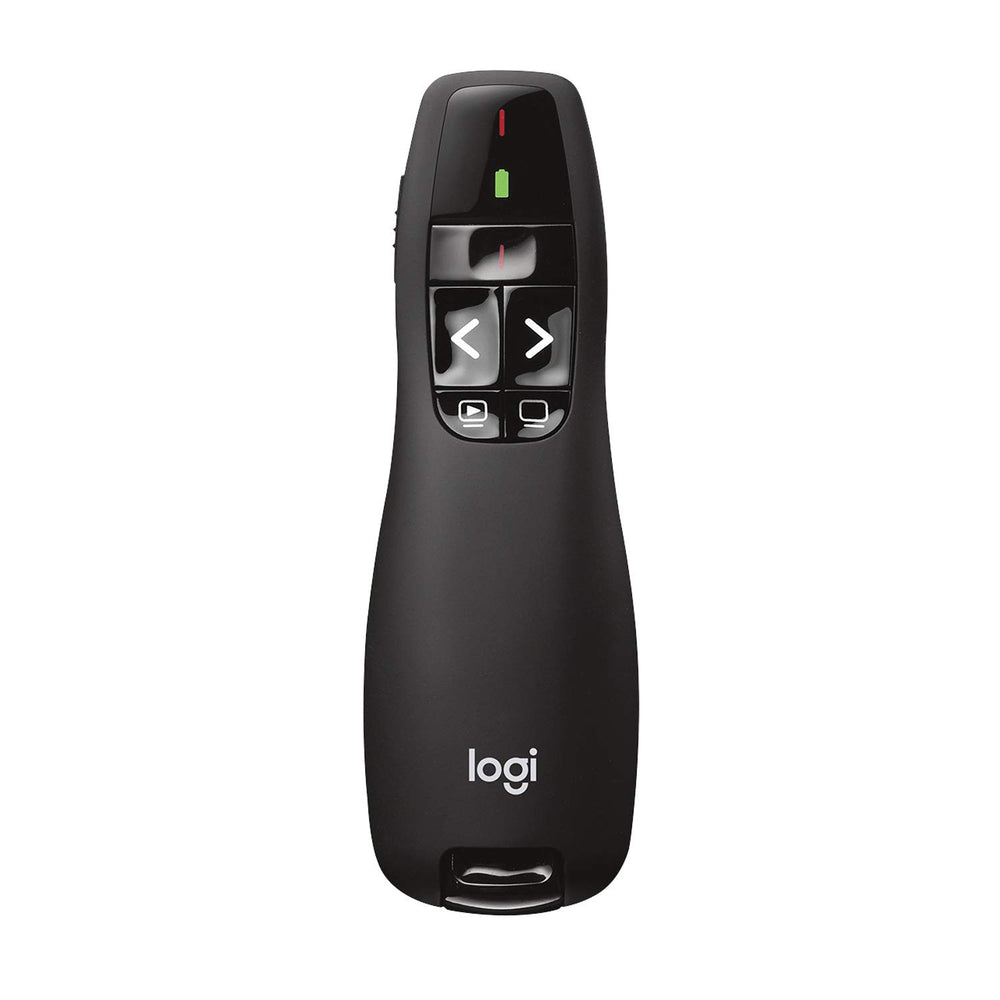 Logitech presentador frontal mostrando diseño ergonómico y control cómodo