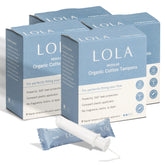 LOLA paquete frontal mostrando 32 tampones y embalaje claro