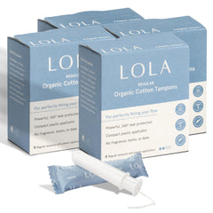 LOLA paquete frontal mostrando 32 tampones y embalaje claro
