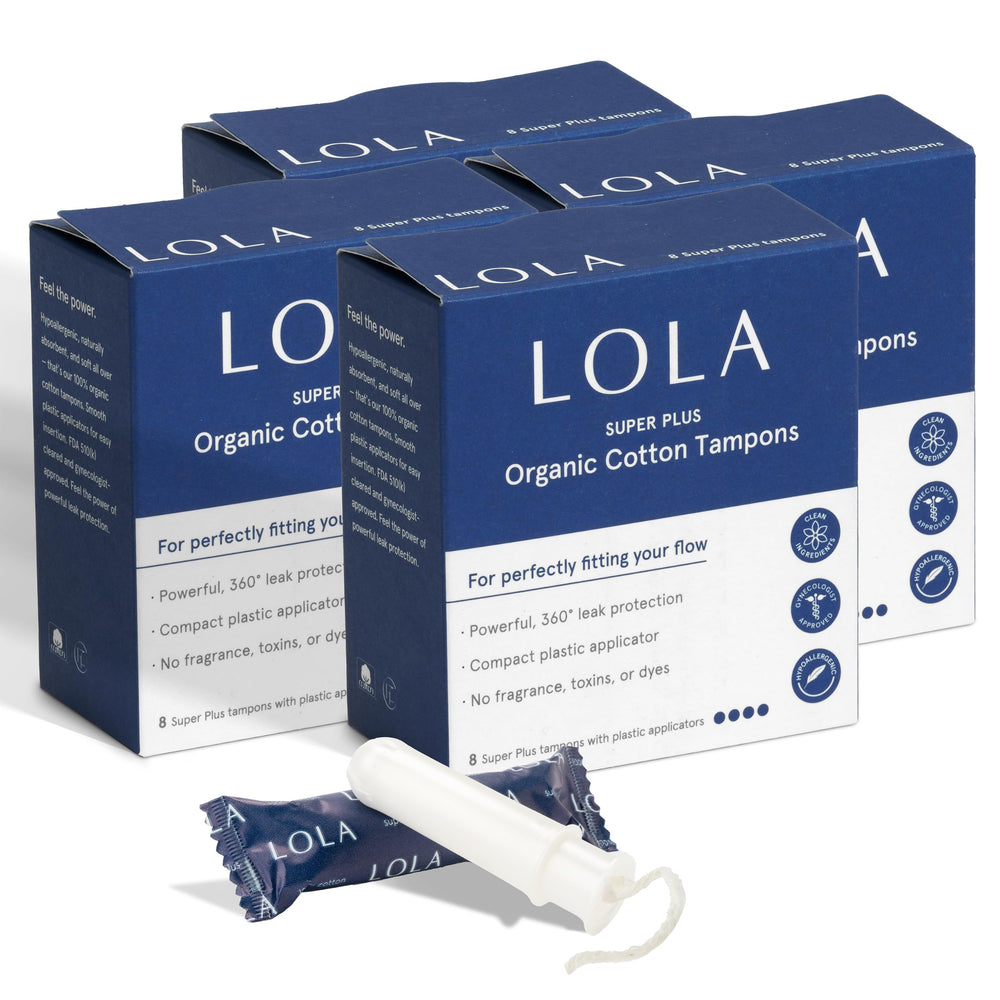 LOLA frontal del paquete mostrando 32 tampones y beneficio de cobertura prolongada