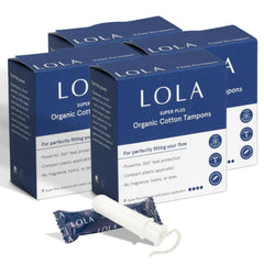 LOLA frontal del paquete mostrando 32 tampones y beneficio de cobertura prolongada