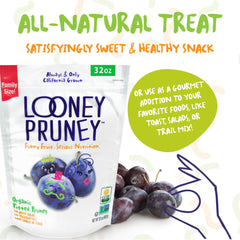 Looney Pruney open pouch with pitted prunes for easy serving