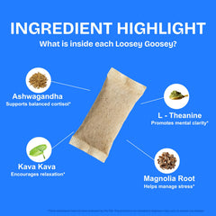 Loosey Goosey: primer plano de ingredientes botánicos, evidencia de la mezcla natural.