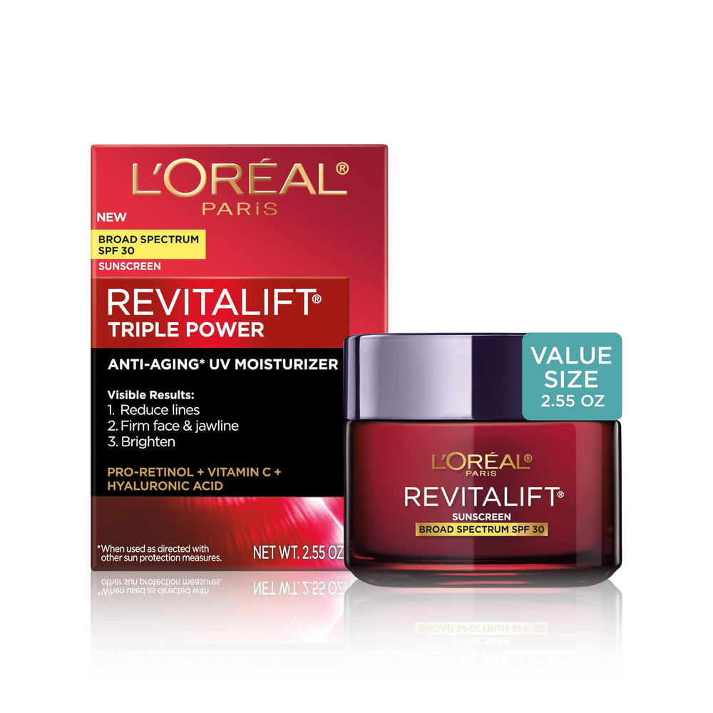 L'Oreal Paris frasco frontal Revitalift muestra paquete y beneficios visibles