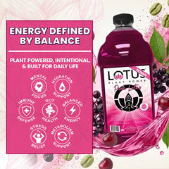 Lotus Plant Power botella 64 oz junto a una mano para referencia de tamaño y rendimiento