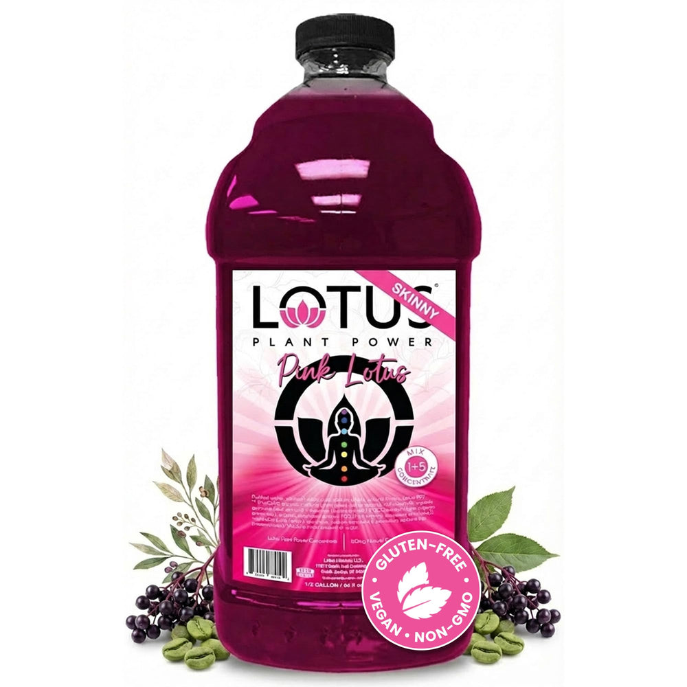 Lotus Plant Power envase frontal mostrando concentrado Skinny Pink y beneficio práctico