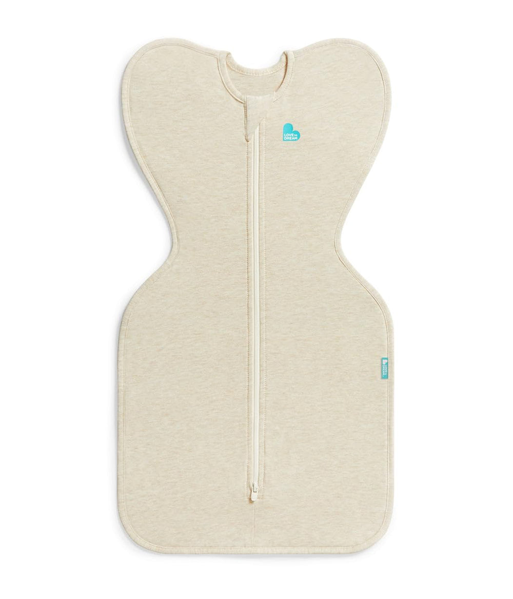 Love to Dream frontal del saco Oatmeal mostrando corte y cierre, comodidad asegurada