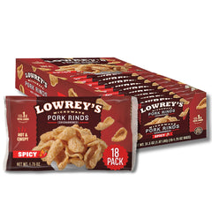 Lowrey's front packaging showing hot and spicy bacon curls and benefits