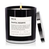 LUMELOOM vela Santal Reserve frontal mostrando envase elegante y beneficio aromático