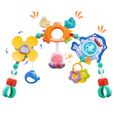 Lynncare arch front view clipped to stroller showing secure fit and bright toys