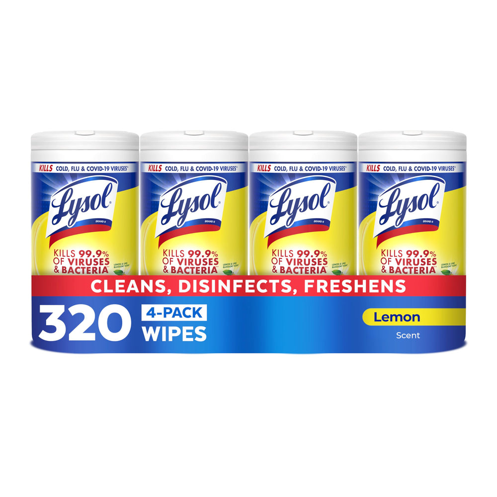 Lysol envase frontal que muestra el aroma limón y conteo 80 ct, limpieza rápida