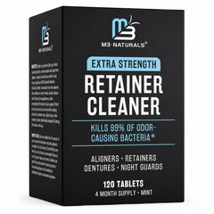 M3 Naturals front packaging showing mint retainer cleaner and benefits
