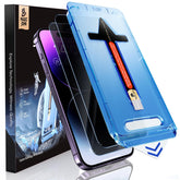 MAGIC JOHN protector frontal en paquete mostrando diseño y ajuste para iPhone 14 Pro Max