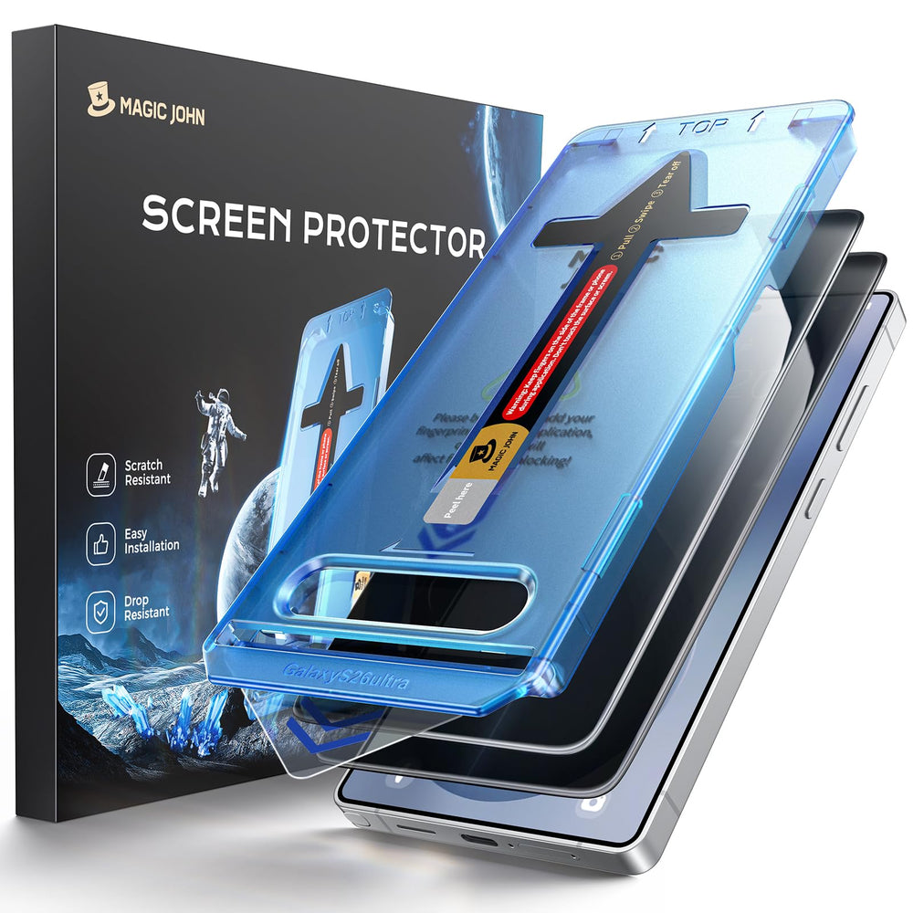 MAGIC JOHN vista frontal del protector y empaque, protección visible