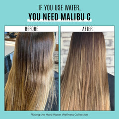 Malibu C aplicado en cabello bajo la ducha para eliminar minerales beneficiosamente