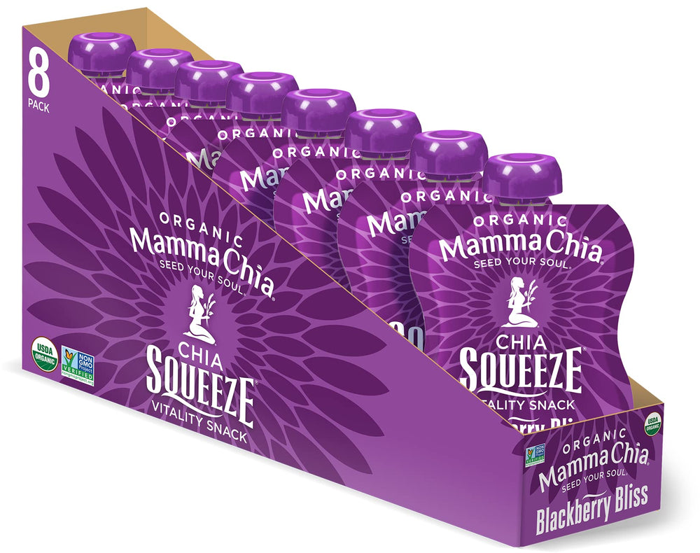 Mamma Chia frente del paquete mostrando diseño y sabor moras