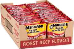 Maruchan primer plano del empaque mostrando sabor roast beef y conveniencia
