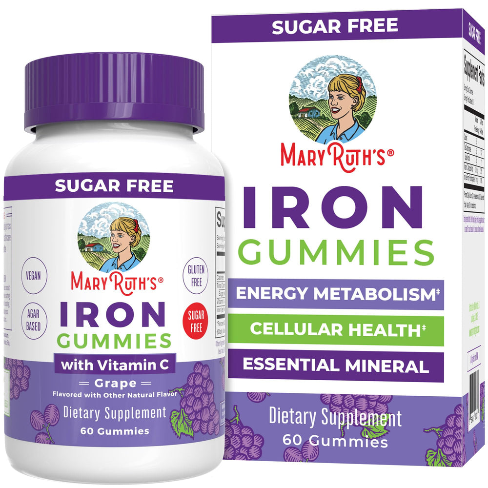 MaryRuth's envase frontal de Iron Gummies, presentación clara y beneficios visibles
