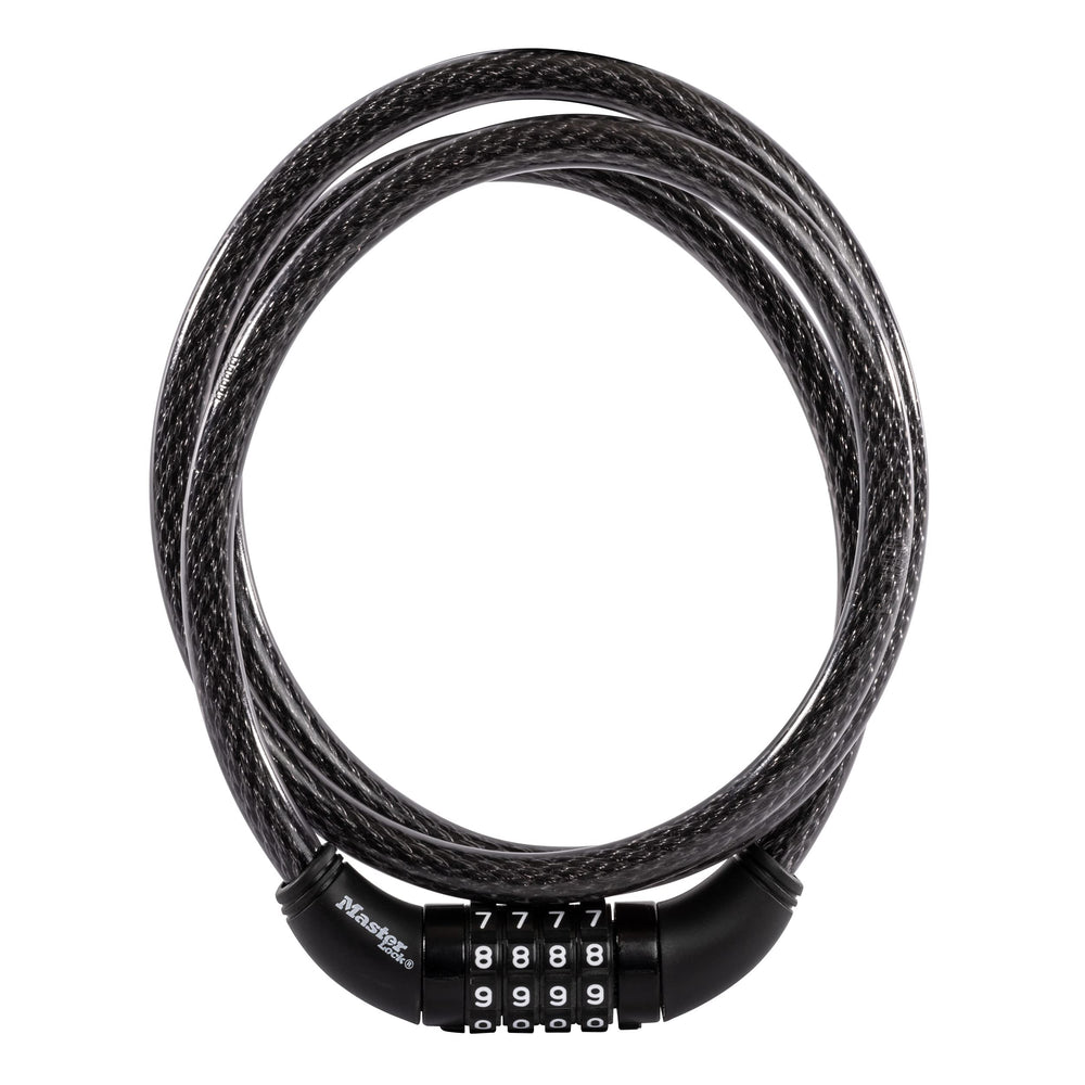 Master Lock candado frontal mostrando cable y cerradura, seguridad práctica