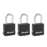 Master Lock padlock 3-pack front view showing durable outdoor protection