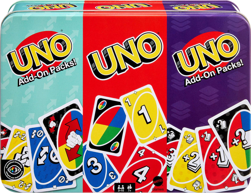 Mattel Games lata frontal del set UNO con protección y almacenamiento