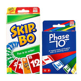 Mattel empaque frontal de Phase 10 y Skip-Bo mostrando el contenido y diversión familiar