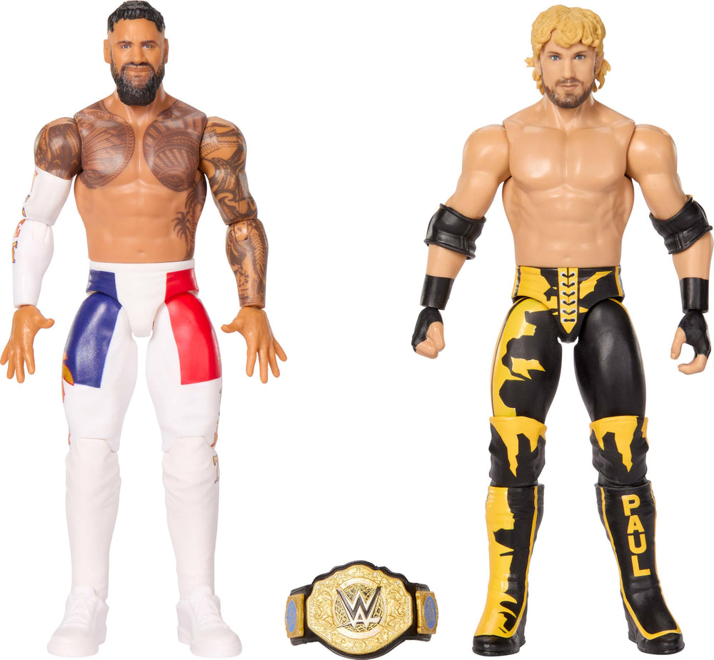 Mattel figuras Jey Uso y Logan Paul frente del empaque mostrando el set