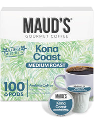 Maud's vista frontal de la caja con 100 cápsulas, conveniencia y sabor