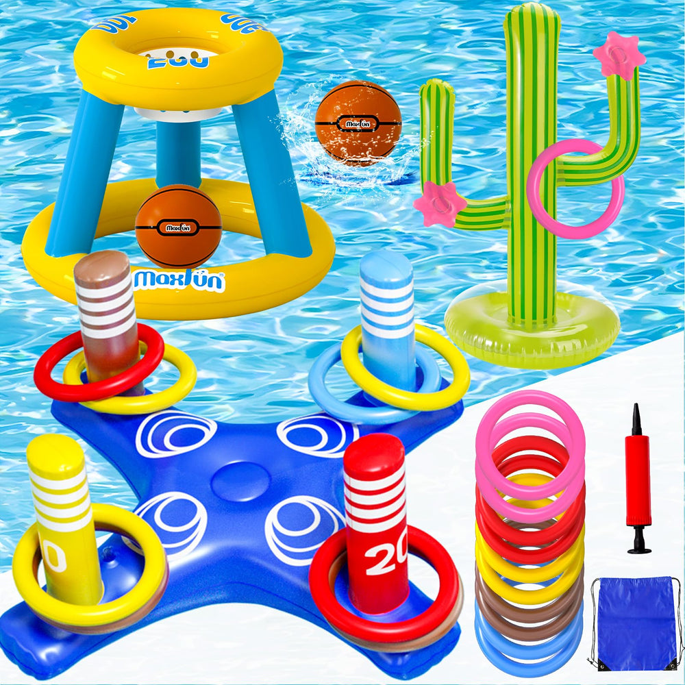Max Fun paquete frontal mostrando todo el contenido para juegos acuáticos