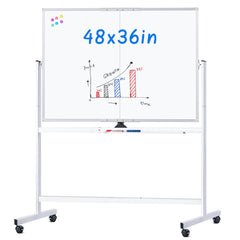 maxtek front view of rolling whiteboard showing full double-sided surface and frame benefit
