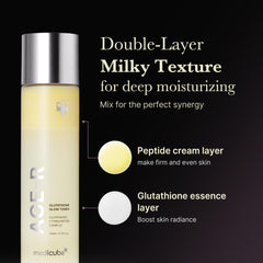 medicube tamaño del Age-R Milky Toner junto a una palma para referencia de escala