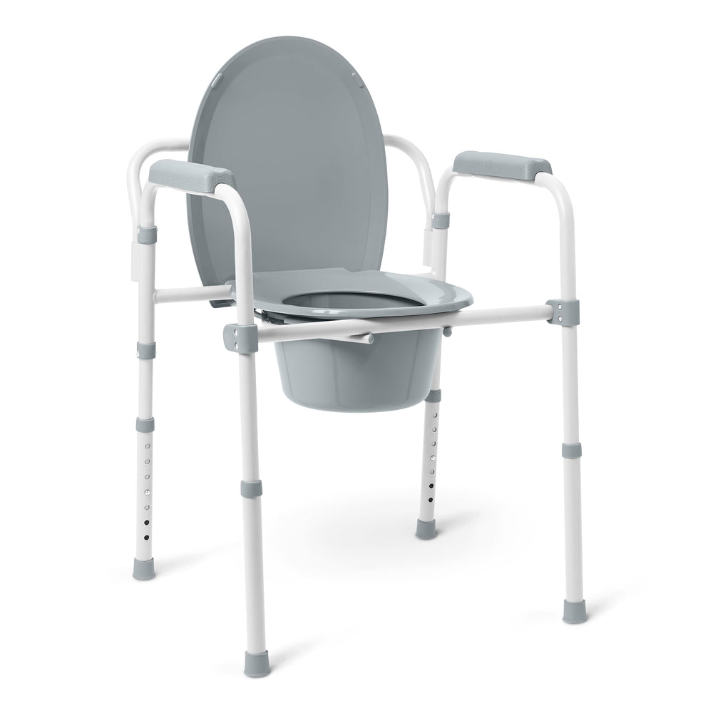 Medline commode vista frontal mostrando el asiento alargado y estabilidad