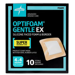 Medline Optifoam frontal 4x4 mostrando el apósito y beneficio de absorción