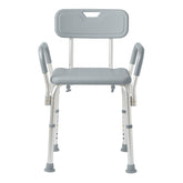 Medline silla de ducha frontal mostrando respaldo y reposabrazos para mayor seguridad