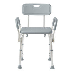Medline silla de ducha frontal mostrando respaldo y reposabrazos para mayor seguridad