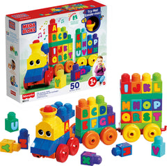 Mega Bloks vista frontal del tren ABC con 50 piezas para aprendizaje