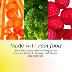 MegaFood vista macro de textura del comprimido que sugiere ingredientes de alimentos enteros