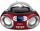 MEGATEK vista frontal del boombox Cherry Red con diseño portátil y botones grandes