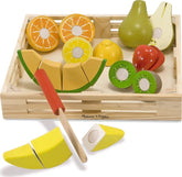 Melissa & Doug frente del set de frutas de madera mostrando piezas y caja, fomenta juego imaginativo