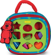 Melissa & Doug front view of soft take-along shape sorter showing handle and colorful flaps for portable play