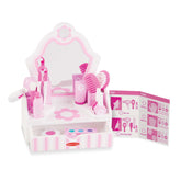 Melissa & Doug tocador frontal mostrando espejo seguro y beneficios organizativos
