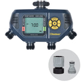 Melnor AquaTimer frontal montado en grifo mostrando su carcasa resistente y control sencillo