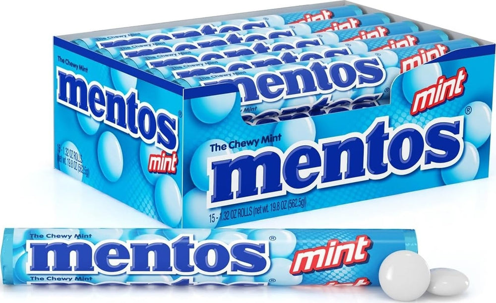 Mentos empaque frontal mostrando rollos y marca, práctico para llevar